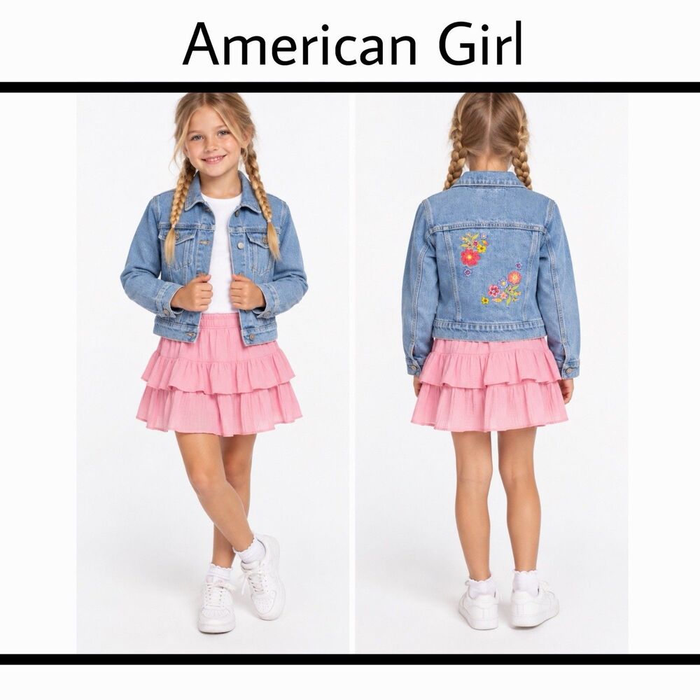 American Girl Jean Jacket Embroidered Flowers Floral Little Girls Small 7/8